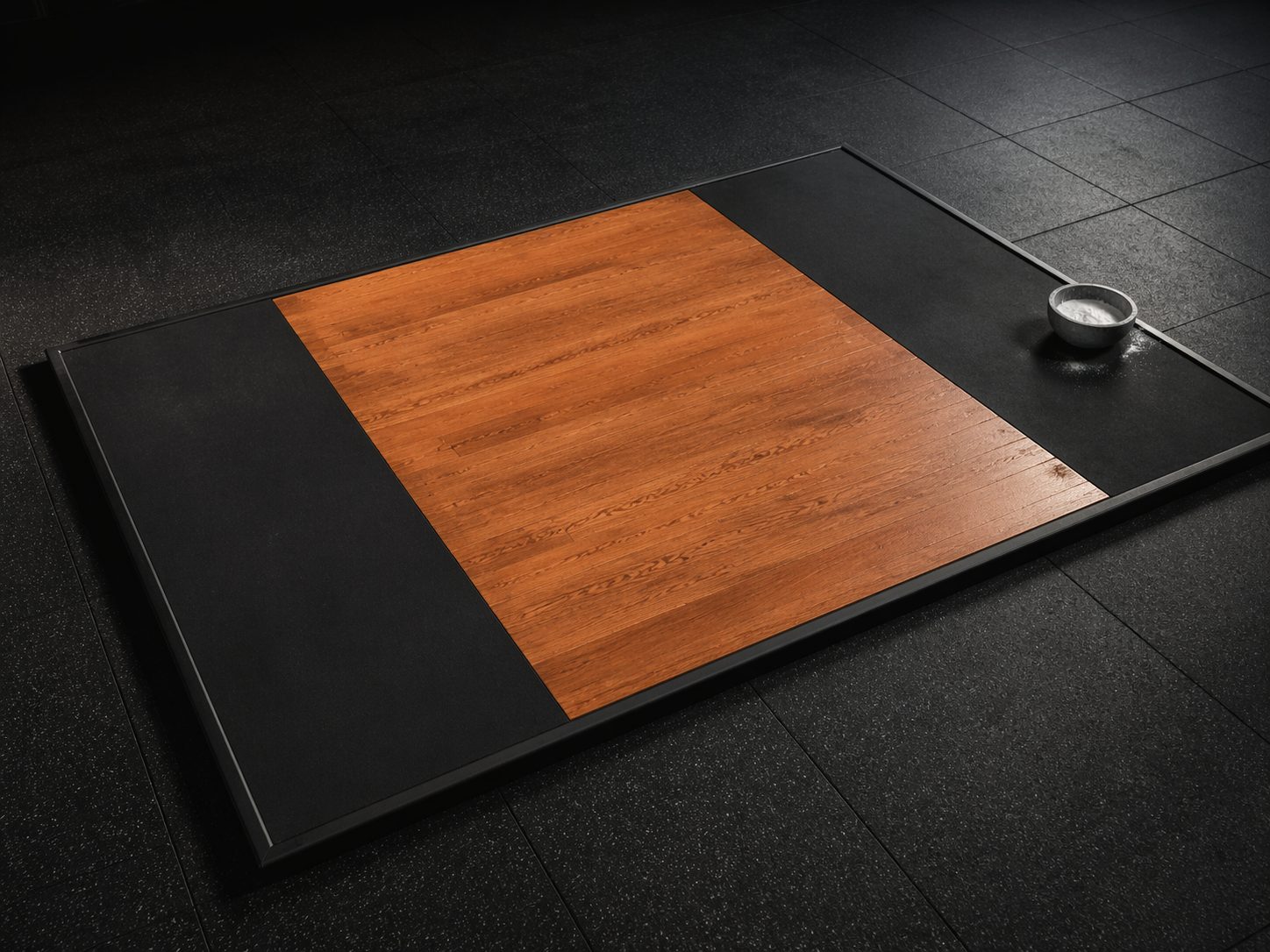 8x8 lifting platform with red-oak hardwood center and black rubber edges, ProHeavyFitness