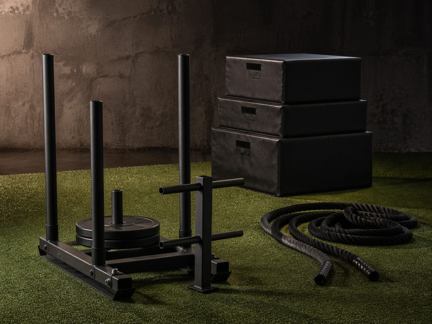 Weighted sled, plyo boxes, and battle ropes arranged on turf strip, ProHeavyFitness training aids