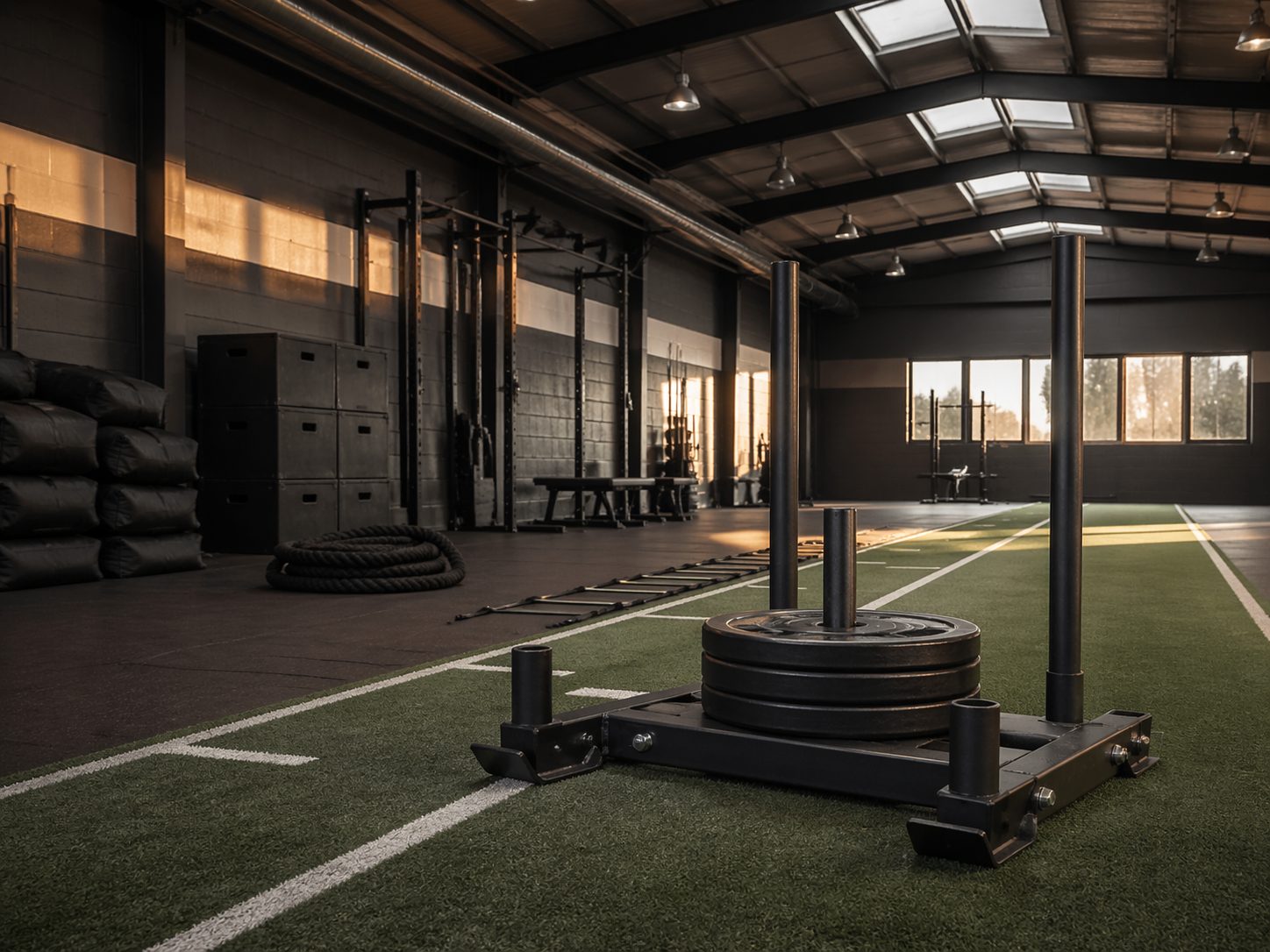 Performance training facility push sled plyo boxes battle ropes turf strip, ProHeavyFitness