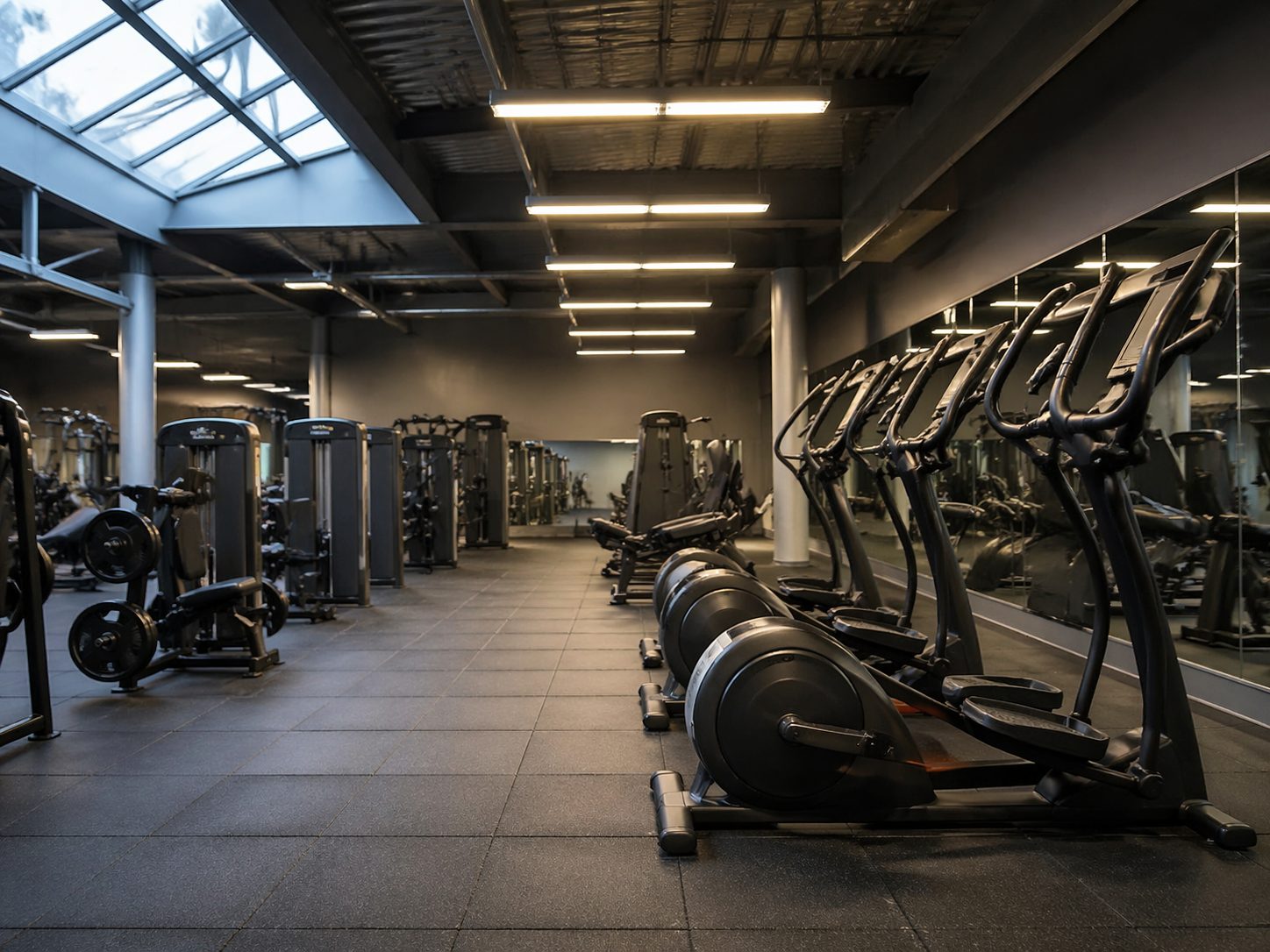 Commercial strength gym floor row of ellipticals plate-loaded selectorized machines Indianapolis, ProHeavyFitness