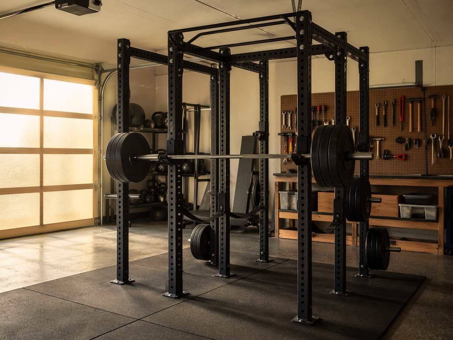 Home garage gym with 6-post power rack loaded barbell rubber mat near Austin TX, ProHeavyFitness