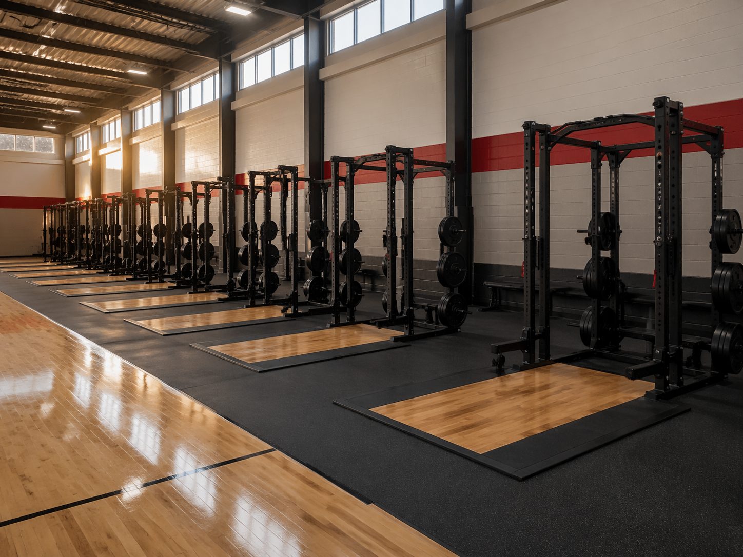School fieldhouse weight room empty 8 platforms power racks varsity accent wall Indianapolis, ProHeavyFitness