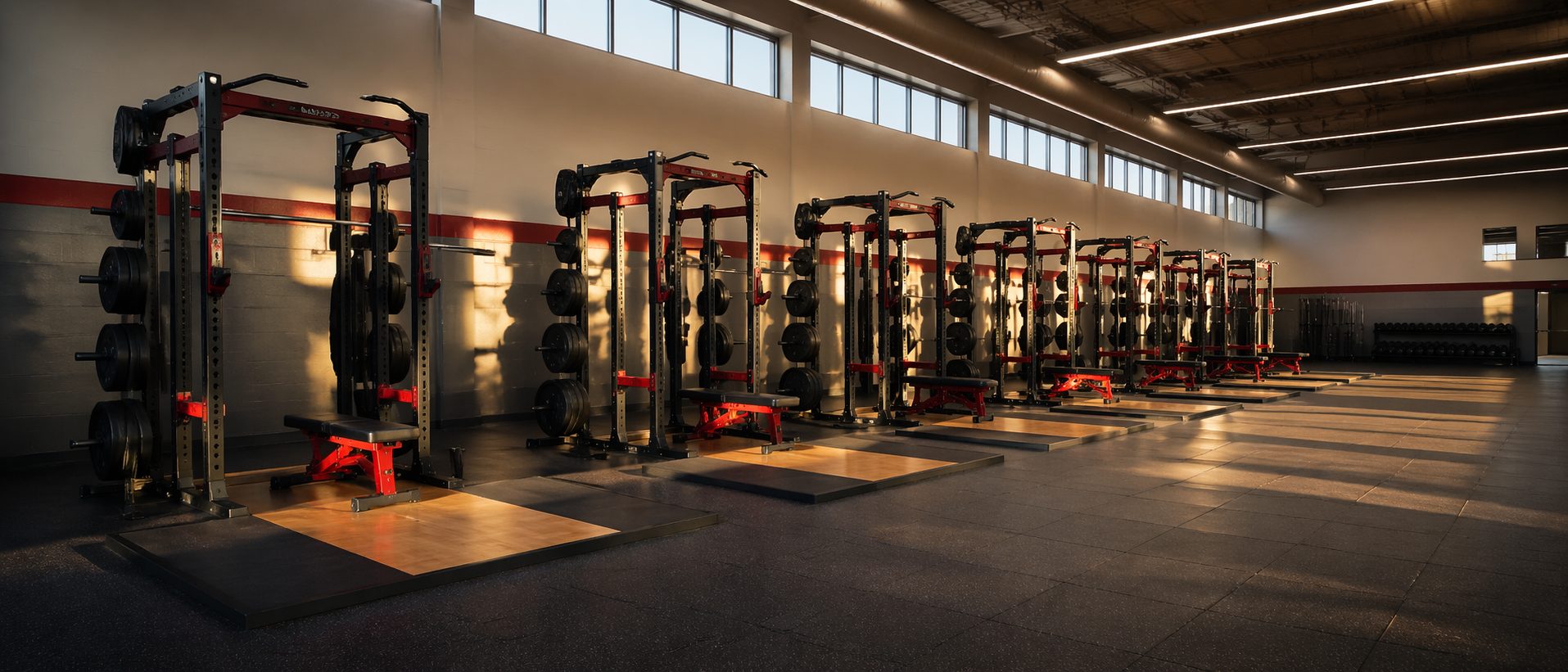 Fully loaded commercial strength rig in empty school fieldhouse weight room with golden hour window light, ProHeavyFitness